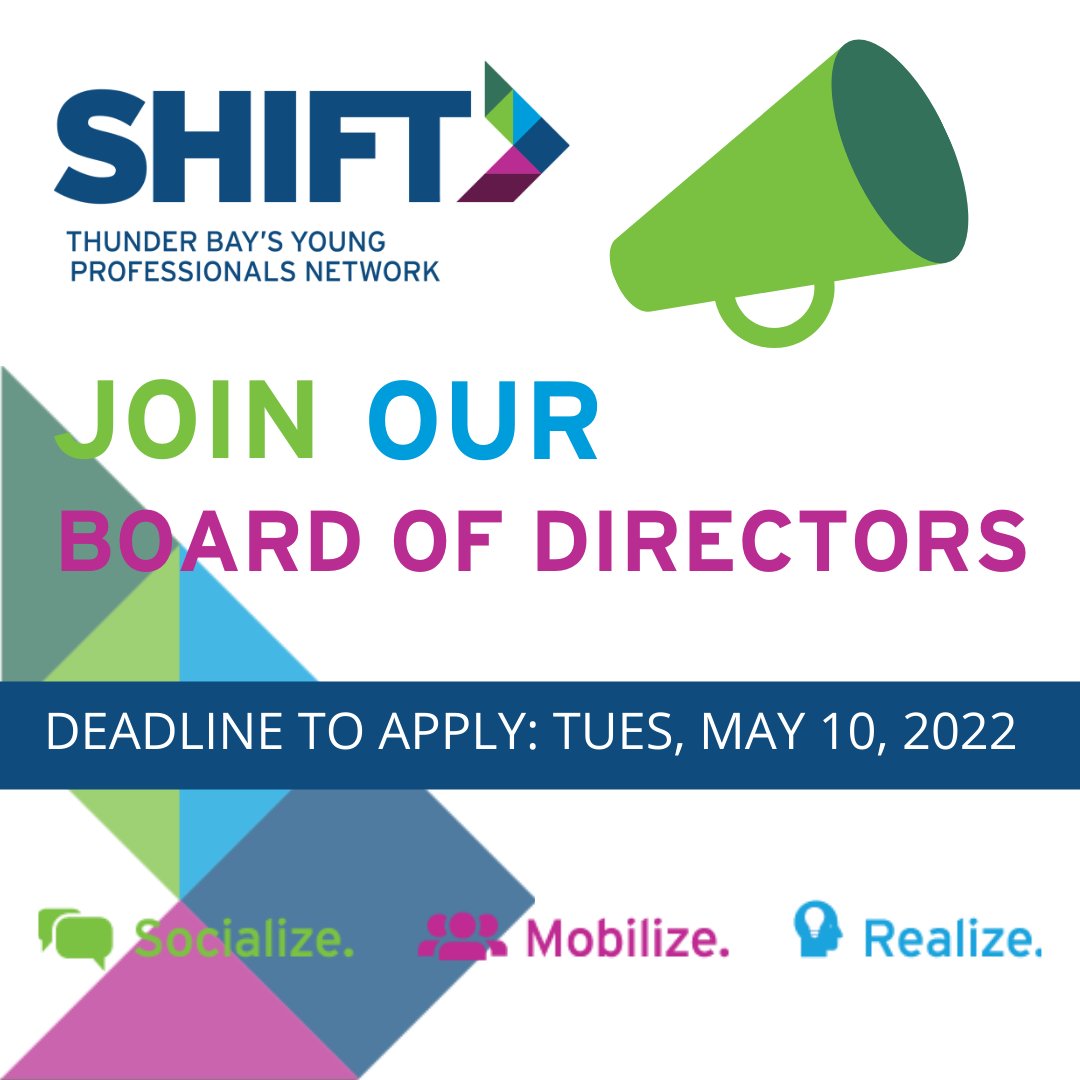 shift_tbay's tweet photo. Put your name forwards to join a dynamic, progressive &amp; energetic Board. 
If you, or someone you know, may be interested in a position on the SHIFT Board of Directors, please contact Larissa at president@shiftnetwork.ca for more info. ☺️
Deadline to apply is Tues, May 10 at 6pm! https://t.co/DMQZLR4oup
