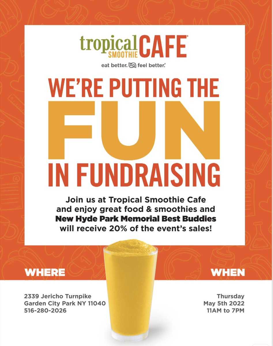 NHPBestBuddies (@bestbuddiesnhp) on Twitter photo Come out and support NHP Best Buddies this Thursday, May 5th from 11 AM - 7 PM at Tropical Smoothie Cafe in GCP. You must show the flyer or mention NHP Best Buddies when ordering. Thanks! <a href="/NHPGladiators/">New Hyde Park HS</a> Come out and support NHP Best Buddies this Thursday, May 5th from 11 AM - 7 PM at Tropical Smoothie Cafe in GCP. You must show the flyer or mention NHP Best Buddies when ordering. Thanks! <a href="/NHPGladiators/">New Hyde Park HS</a>