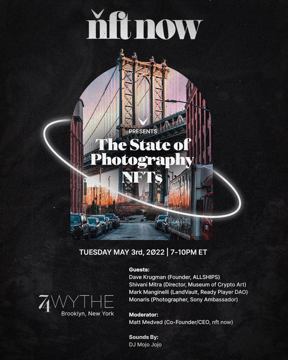 nowmedia's tweet photo. Happening tomorrow!

‘The State of Photography NFTs’ IRL event with guest speakers:

- @dave_krugman founder @ALLSHIPS
- @shivani_3000 director &amp; curator @MuseumofCrypto
- @MarkyDAO
- @monaris 

Moderated by @mattmedved 

RSVP to attend the event here: https://t.co/E8t6OtoQbL https://t.co/9YVuw31AMT