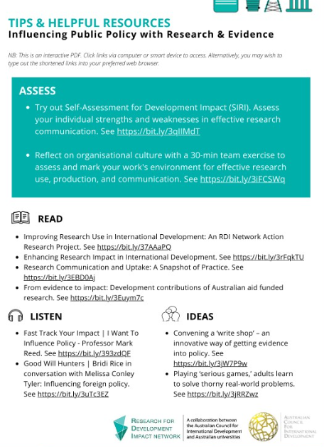 .<a href="/ACFID/">ACFID</a> x RDI Network hosted an excellent, practical session on influencing policy with research and evidence last Thursday!

Sharing our cheatsheet of tips and resources. Check it out 💁💁💁

linkedin.com/feed/update/ur…