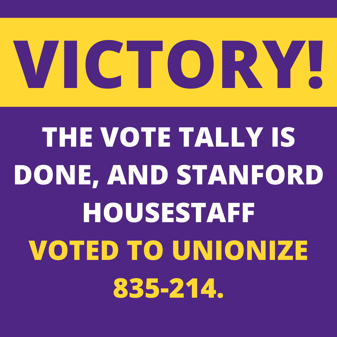 CIR/SEIU (@cirseiu) on Twitter photo WE WON! The vote tally is finished, and housestaff at <a href="/StanfordHealth/">Stanford Health Care</a> have voted overwhelmingly in favor of forming a union with CIR 835-214. We’ll be able to announce the official certification in one week.
Welcome to the CIR family! ✊💜 WE WON! The vote tally is finished, and housestaff at <a href="/StanfordHealth/">Stanford Health Care</a> have voted overwhelmingly in favor of forming a union with CIR 835-214. We’ll be able to announce the official certification in one week.
Welcome to the CIR family! ✊💜