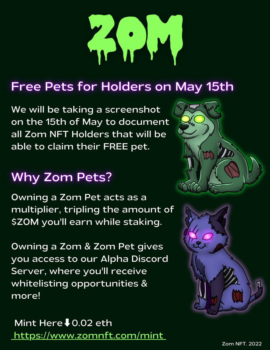 All Zom NFT holders will be able to claim a Free Pet!
🐶🐱 

Mint here : zomnft.com/mint

#NFT #NFTs #NFTCommunity #NFTGiveaway