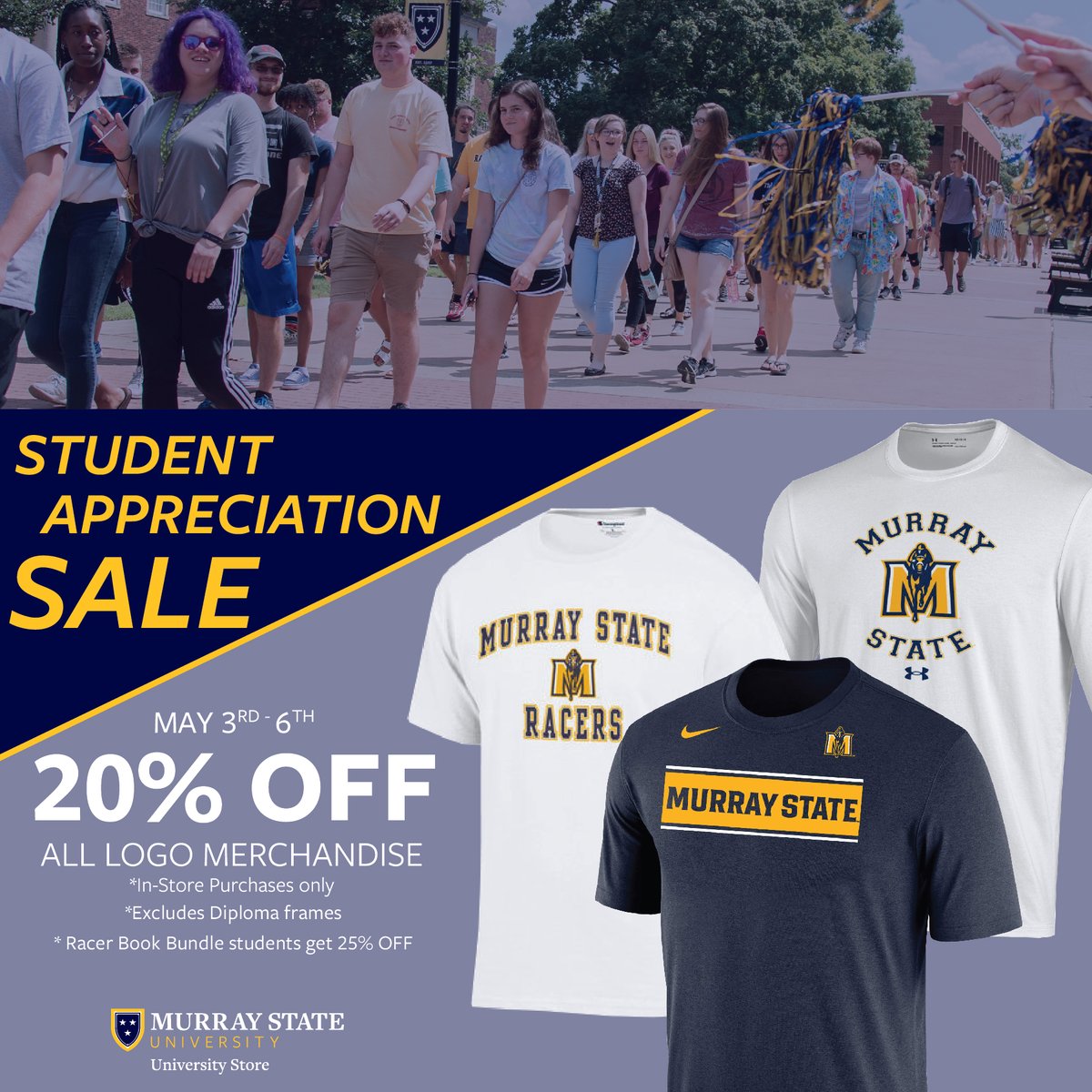 racerbookstore's tweet photo. 🚨SALE ALERT 🚨 Tomorrow starts our end of the year Student Appreciation Sale. Students can get 20% off ALL logo merchandise for in-store purchases. https://t.co/9H46GC37Sh