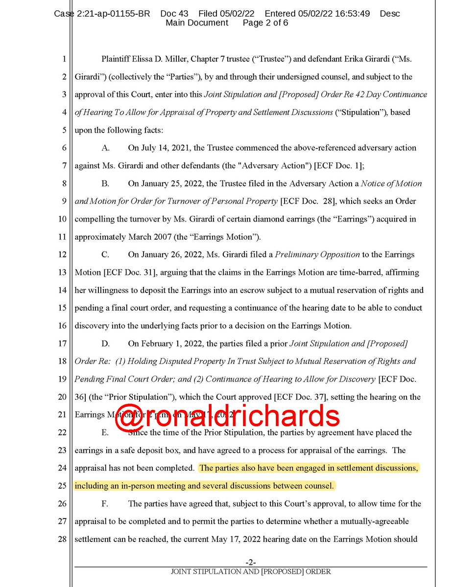 RonaldRichards's tweet photo. BREAKING:  Your voices were heard! Erika Girardi directed her atty to seek a 42 day continuance to discuss settlement &amp; get an appraisal. The RT's &amp; public outrage, has caused EG to rethink challenging the earrings. Great work everyone. Your voices matter to someone's brand!⬇️411 https://t.co/gUdN7K2GrD