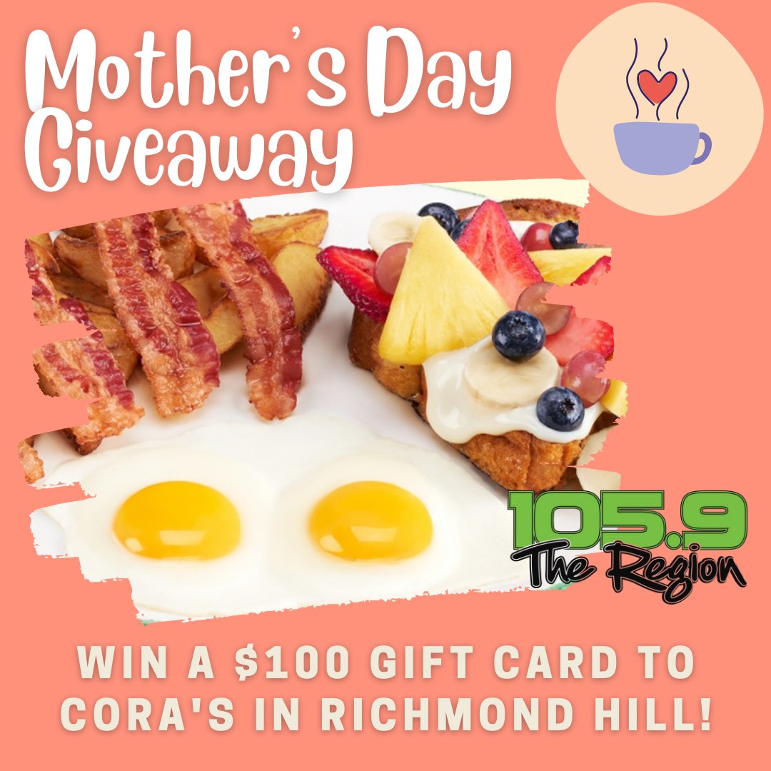 1059TheRegion's tweet photo. For #MothersDay, we’re giving away a $100 gift certificate to Cora’s at 10909 Yonge St. in Richmond Hill! 
Follow us and quote this tweet telling us what you’d treat your mom to at Cora’s! Contest closes at 2PM on Tuesday May 3. 🍳🥞🥓 https://t.co/202LIZBelC