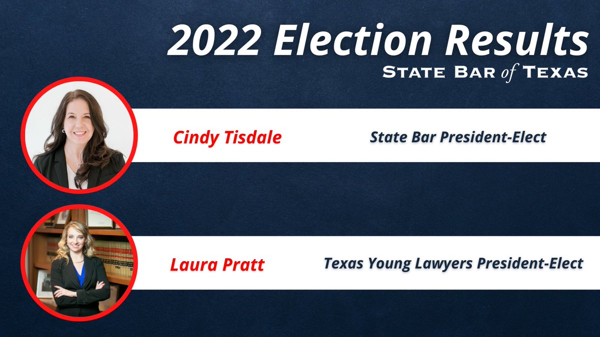 Congratulations to Cindy Tisdale and Laura Pratt! Full election results at texasbar.com/elections. #sbotelections