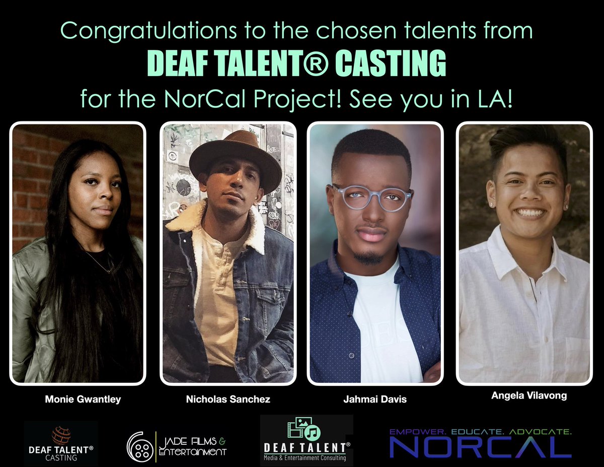 DeafTalentMedia's tweet photo. Congratulations to the chosen talents, Monie Gwantley, Jahmai Davis, Angela Vilavong, and Nicholas Sanchez! Thank you! See you in LA!
#DeafTalent® #Audition #DeafTalentCasting #DTMEC #NorCal #SelfTape #Actors #BIPOCDeafActors #Talent #JadeFilms #LosAngeles #ElevatingHiddenGems https://t.co/8iJ5c2ZXsF