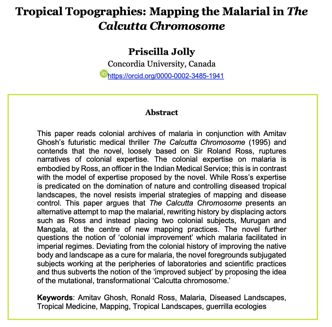 eTropicJournal's tweet photo. @pris_jolly's "Tropical #Topographies: #Mapping the #Malarial in The Calcutta Chromosome" argues that @AmitavGhosh's novel ruptures #colonial narratives of expertise & #malaria #diseased #tropical #landscapes
Free #openaccess here> https://t.co/Zdm3b2ZrQ7 https://t.co/QZAo8Qur0O