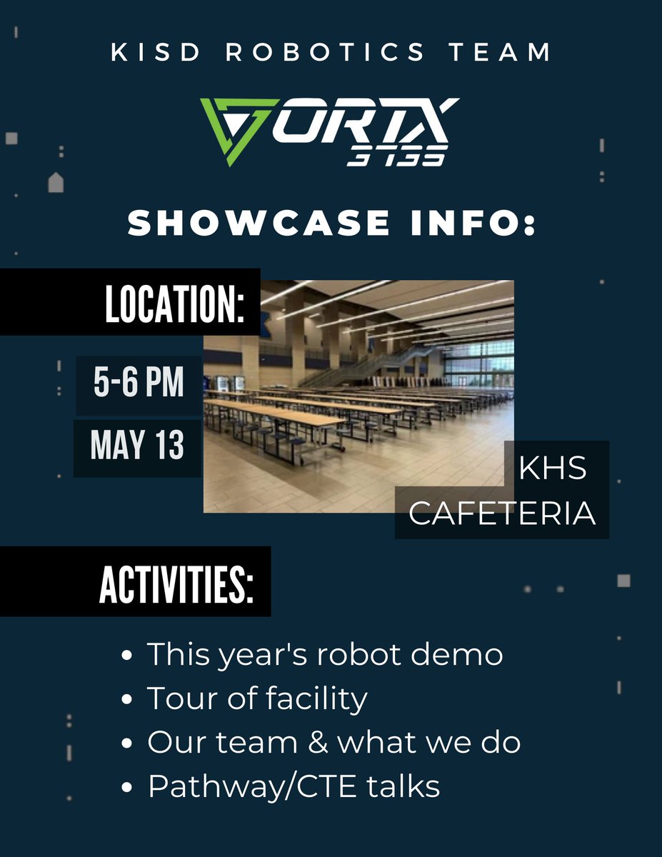 Swing by on May 13th from 5-6 pm for live robot demos and FRC info! At our annual vortx showcasing, we will be giving tours and discussing pathways for anyone interested in robotics at Klein High! see flyers for more info, all are welcome to come 💚