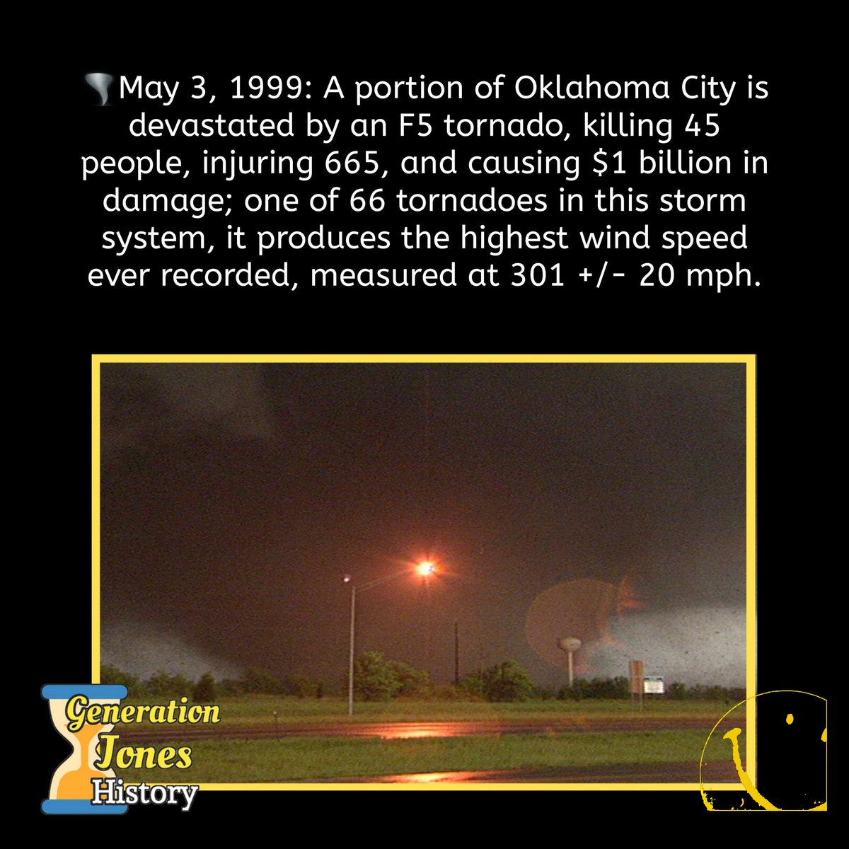 GenJones1964's tweet photo. 🌪️May 3, 1999: A portion of Oklahoma City is devastated by an F5 tornado, killing 45 people, injuring 665, and causing $1 billion in damage.
#1990s #tornadoes #oklahoma #oklahomacity #f5tornado #windspeed #record #climate #weather #storm #naturaldisaster #onthisday https://t.co/b32K2NfWG3