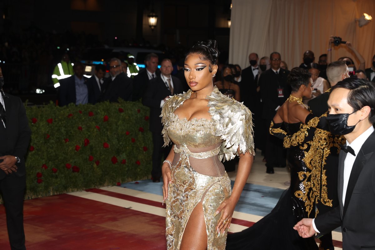 Real hot girl moment: Megan Thee Stallion arrives on the red carpet in Moschino. Photo by Krista Schlueter.