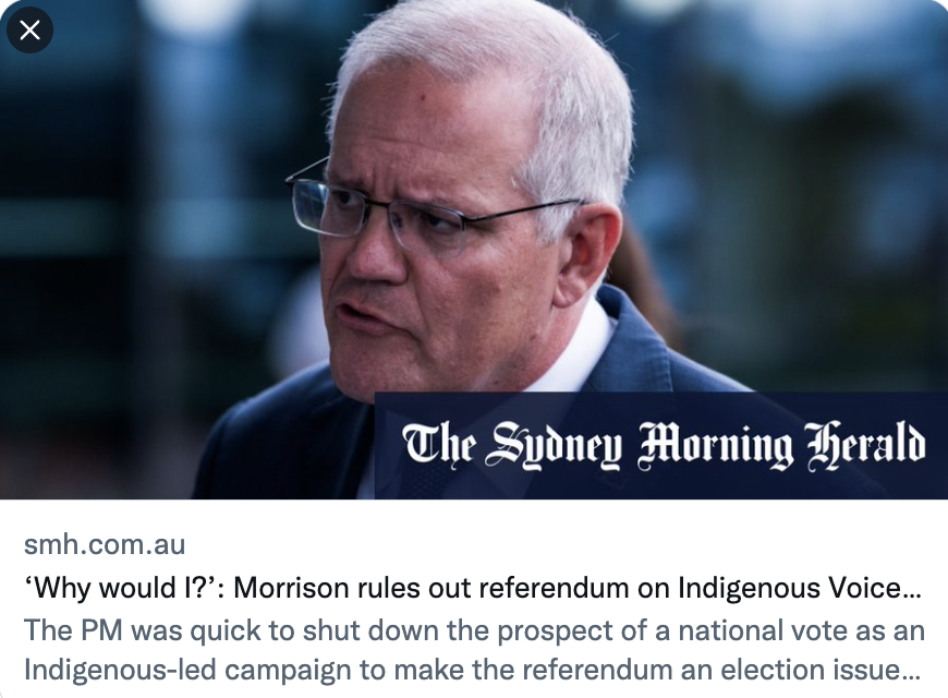 Why would you? We'll keep it simple for you, Scott.
(1) Constitutional recognition of First Nations Australians is essential;
(2) The Uluru Statement is the result of a rigorous consultation process by the Indigenous community;
(3) Most Australians strongly support it.
#ausvotes