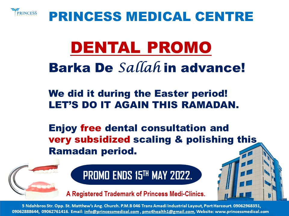 In the Spirit of Ramadan, Princess Medical Centre has decided to give back to society by conducting Free Dental Consultation and very subsidized Scaling & Polishing of your tooth.

PS; Promo ends on 15/05/22.

 #princessmedicalcentre #dentalcare #dentalcheckup #dentalconsultation