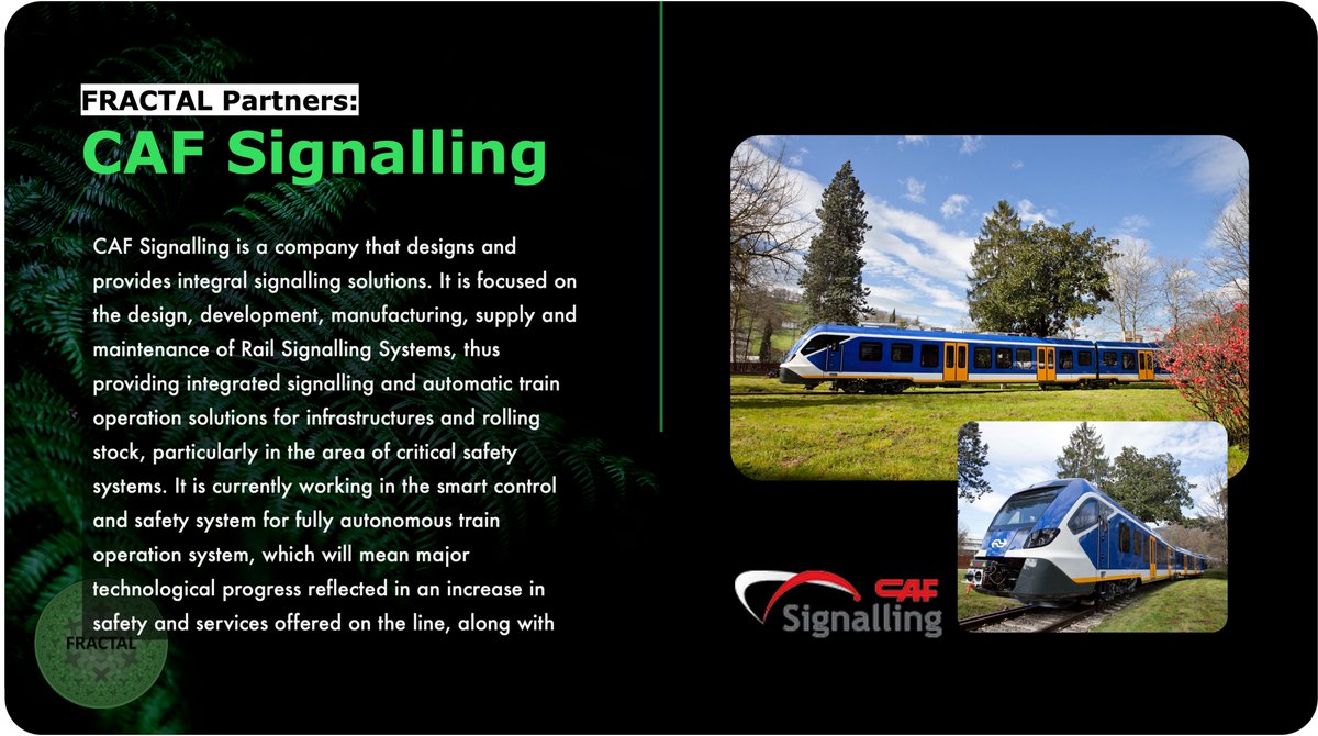 FRACTAL Project: Empowering Edge Computing (@project_fractal) on Twitter photo Our 🇪🇸 Spanish partner <a href="/CAFPowerAutomat/">CAF Power&Automation</a> specializes in integral signalling solutions - the design, development, manufacturing, supply and maintenance of Rail Signalling Systems, with a focus on AI-enhanced computer vision technologies🚆
#fractal_partners #safetycriticalsystems Our 🇪🇸 Spanish partner <a href="/CAFPowerAutomat/">CAF Power&Automation</a> specializes in integral signalling solutions - the design, development, manufacturing, supply and maintenance of Rail Signalling Systems, with a focus on AI-enhanced computer vision technologies🚆
#fractal_partners #safetycriticalsystems