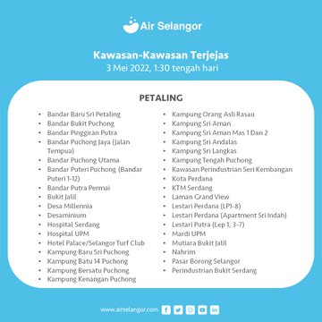 Air Selangor Announces Water Cuts To 472 Areas In Klang Valley From 3pm On Second Day Of Raya