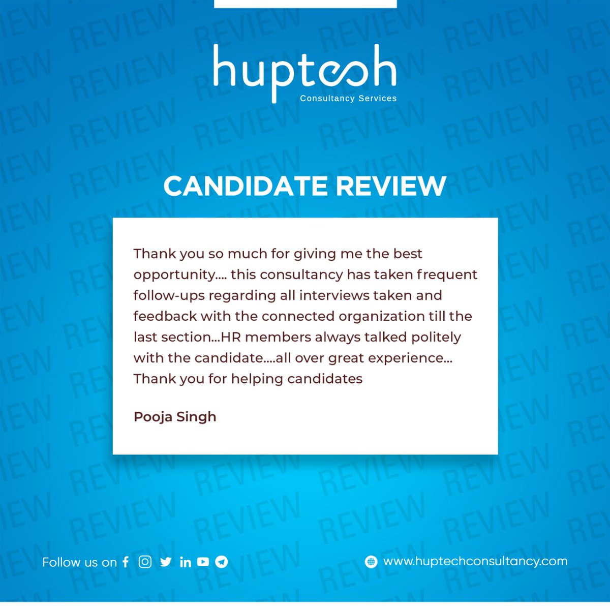 Huptechconsulta's tweet photo. Such #feedback makes #us more #motivated.!!

Thanks, Pooja Singh for such kind words, and best of luck for your future.!!

#consultancyservices #recruitmentconsultant #candidatefeedback #candidatecare #candidateexperience #lookingforjobchange #itjobs #itsector #itstaffing https://t.co/2xuirUJ2nw