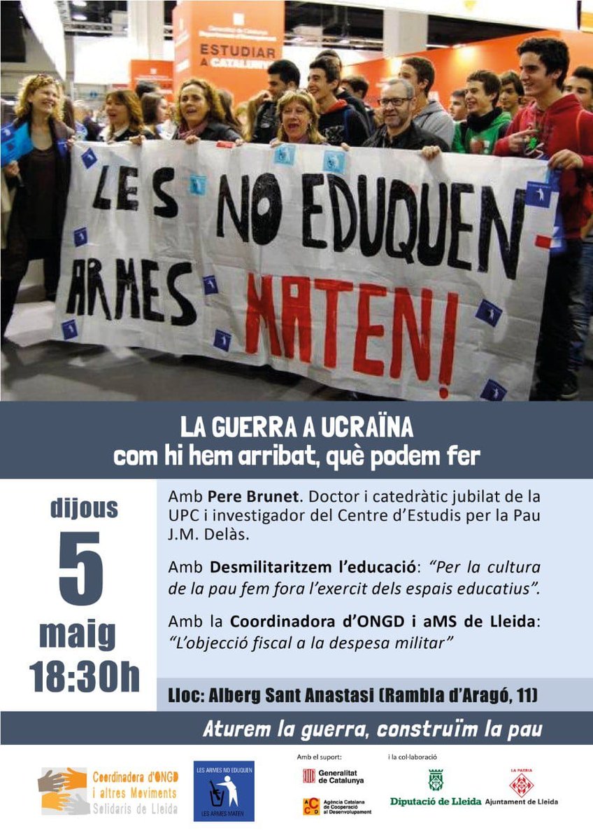 Aquest dijous, a l'Alberg Sant Anastasi (Lleida), xerrada "LA GUERRA A UCRAÏNA. Com hi hem arribat i què podem fer" #Desmilitaritzem <a href="/desmilitarlleid/">Desmilitaritzem Lleida</a> <a href="/desmilitar_Lle/">Desmilitar Lleida</a>