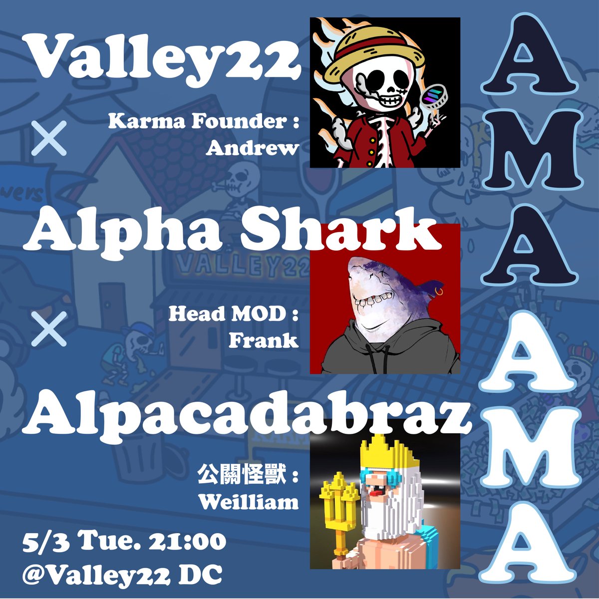 karmalabs_'s tweet photo. 🔥 AMA Tonight！
[ Valley22 x @AlphaSharkClub x @ALPACADABRAZ  ]

Glad to invite Alpha Shark Head MOD @Fr168k  and Alpacadabraz Weilliam！

AMA Details：
⏰5/3 (Tue) 21:00 (UTC + 8)
📍https://t.co/xm6ndjnZoZ https://t.co/691hpUKpms