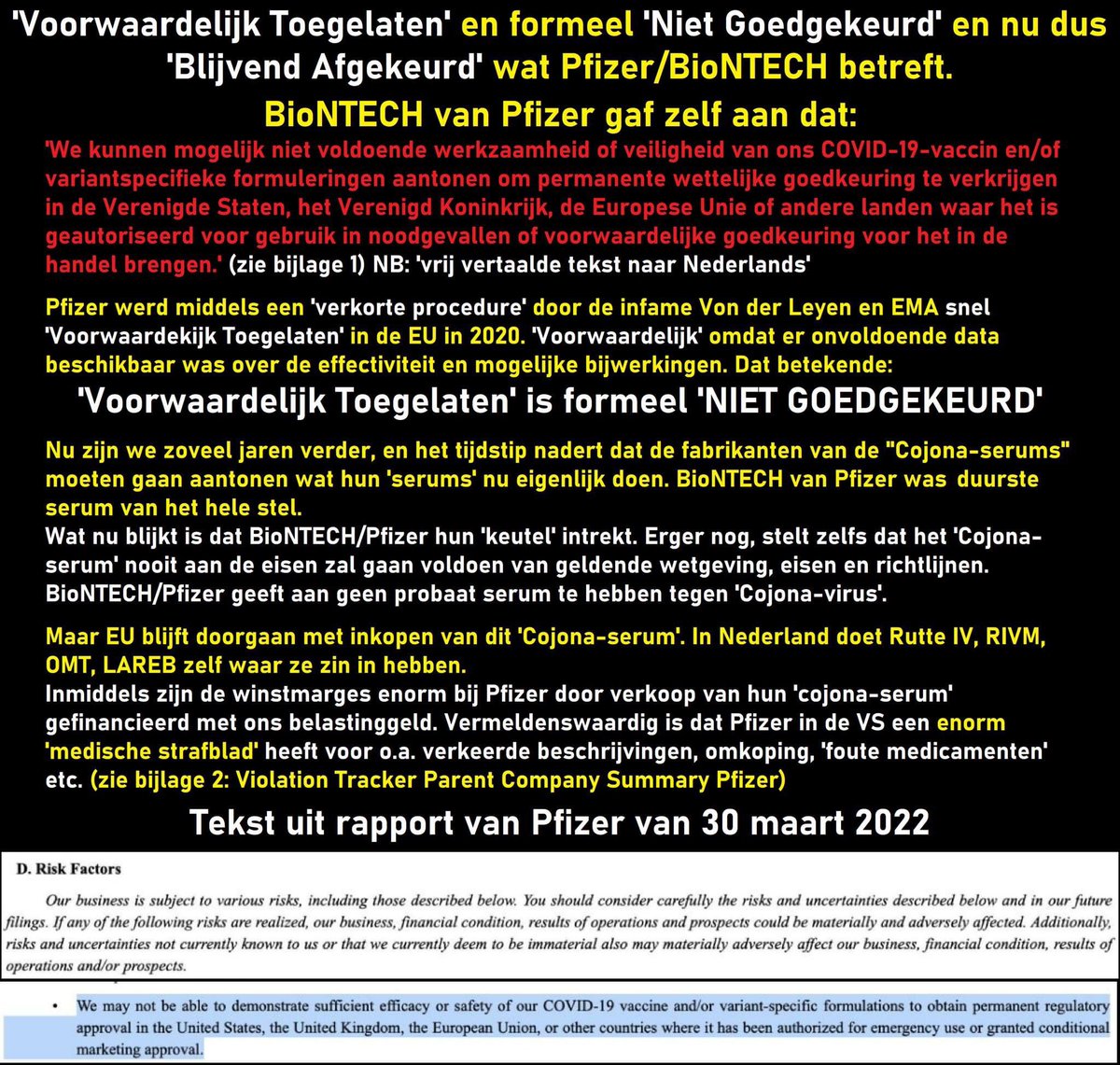 Pfizer's openbaring. Geeft toe dat vaccins nooit aan het toelatingsbeleid van medicijnen kan voldoen. En dus na twee jaren NOOIT goedgekeurd kan worden volgens Pfizer zelf. Een duur mislukt en misdadig experiment ........