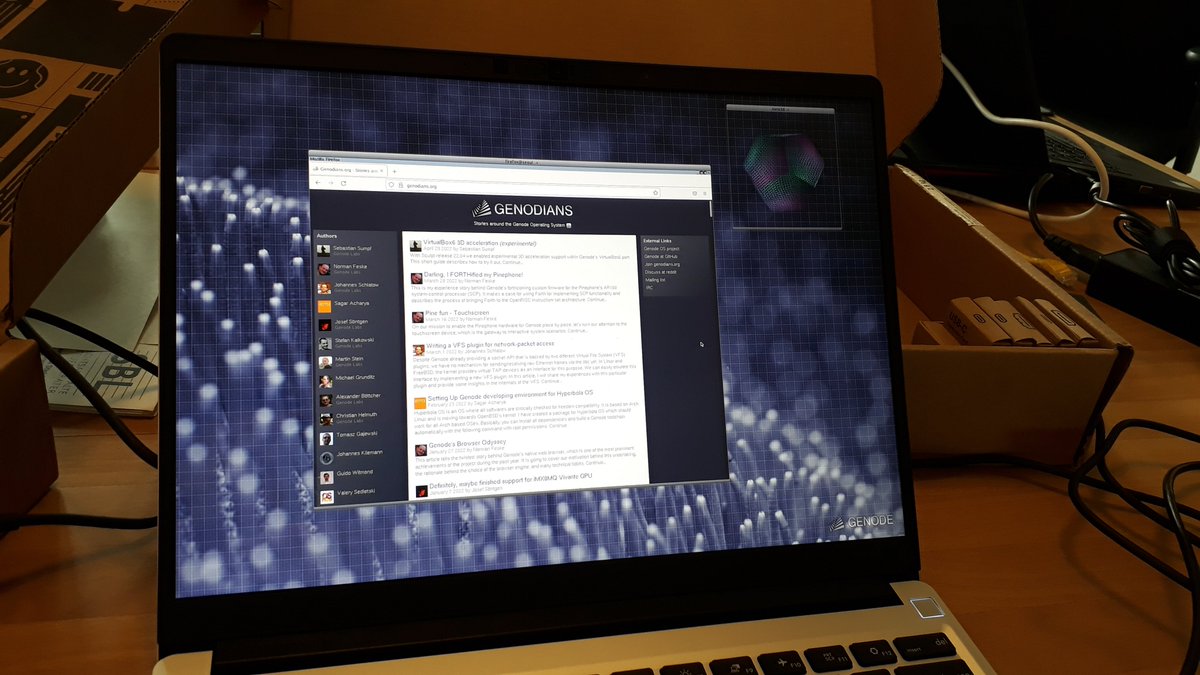 Yesterday the <a href="/FrameworkPuter/">Framework</a> Framework notebook made it to Dresden and passed first tests with Sculpt OS 22.04. We're proud to disclose USB, NVMe, Intel graphics and wireless work out of the box. It's a lovely device with an important mission.

#genode #sculptos #framework