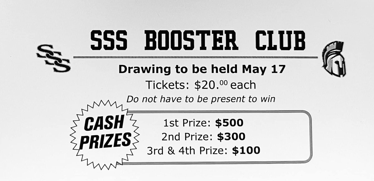 🚨 If you are interested in supporting SSS athletics purchase a ticket now! Cash prizes 💰  
💛See any SSS Coach OR email lorirose@johnston.k12.nc.us if you’re interested 💙$20 each <a href="/SSS_Spartans/">SSS High School</a> <a href="/DavidKAllen_/">David K. Allen</a> <a href="/SmithfieldNews/">Town of Smithfield, NC</a> <a href="/TownofSelma/">Town of Selma</a>
