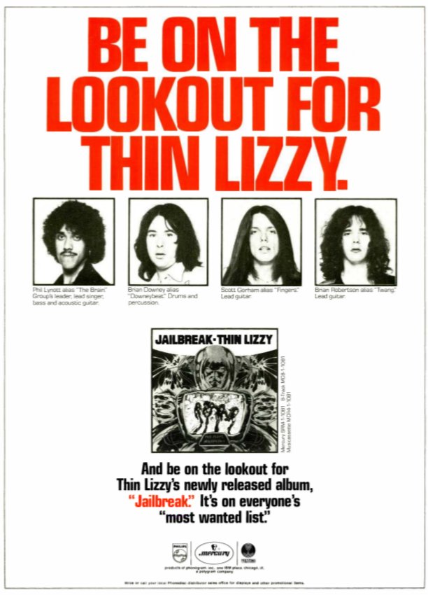Thin Lizzy. 1976. #PhilLynott #ThinLizzy #Jailbreak