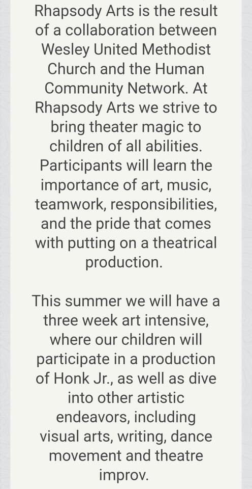 HumanityNetwork's tweet image. Check it out! Rhapsody Arts will host their inaugural Music &amp;amp; Arts Camp this summer at Wesley Church! Rhapsody Arts is led by Danielle Szabo and is a collaboration with Wesley Church and the Human Community Network. This camp will bring theater magic to children of all abilities.