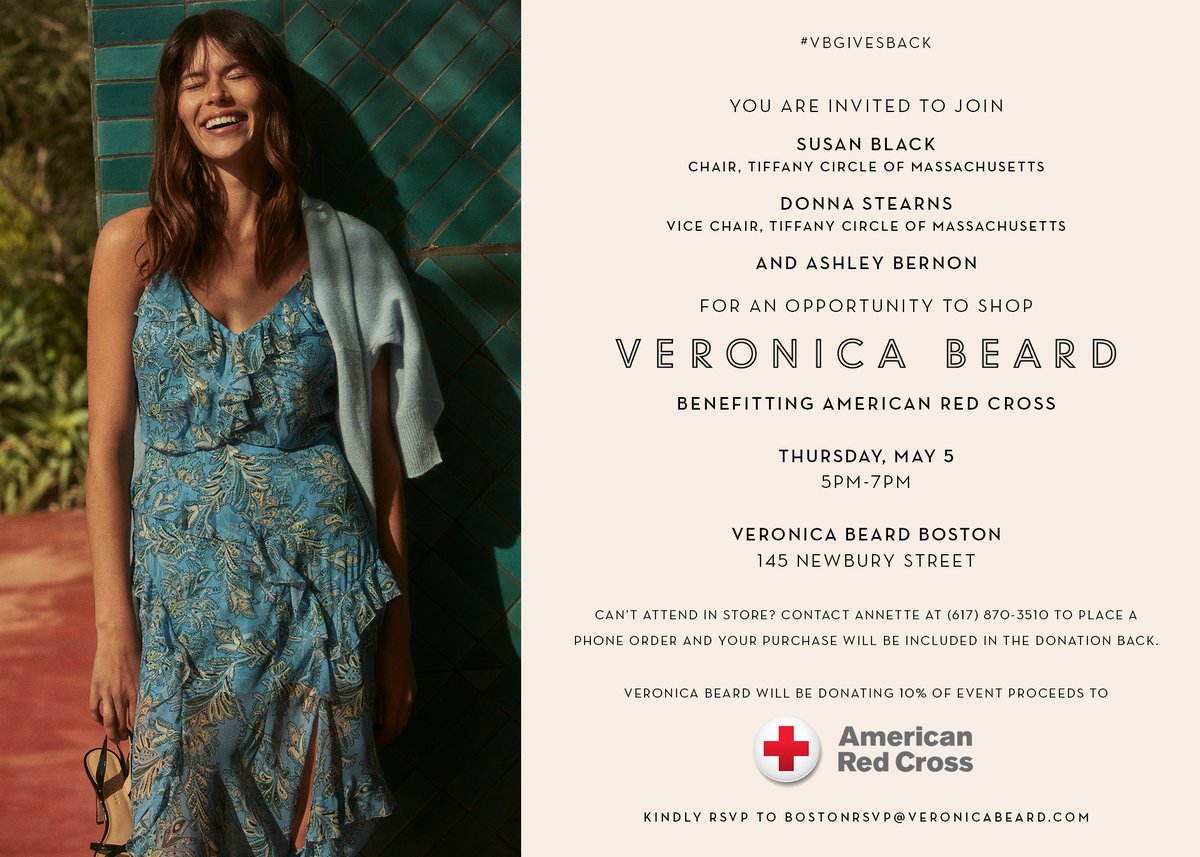 RedCrossMA's tweet photo. Join members of the MA Tiffany Circle at @veronicabeard Newbury St. location May 5 from 5-7 pm for an opportunity to shop benefitting the Red Cross. If unable to attend, both phone and online orders will be included in the donation back. #VBGIVESBACK https://t.co/A8GVZxySaW