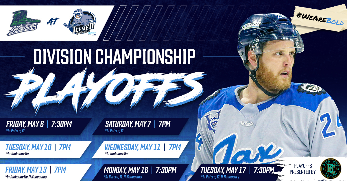 JaxIcemen's tweet photo. The battle of Florida officially starts this Friday! Secure your tickets for next week's home playoff games now, presented by @Boldcitytattoo 🏒 
-
🎟️ | https://t.co/mPlYLmUn9r https://t.co/eN3jqPHpWQ