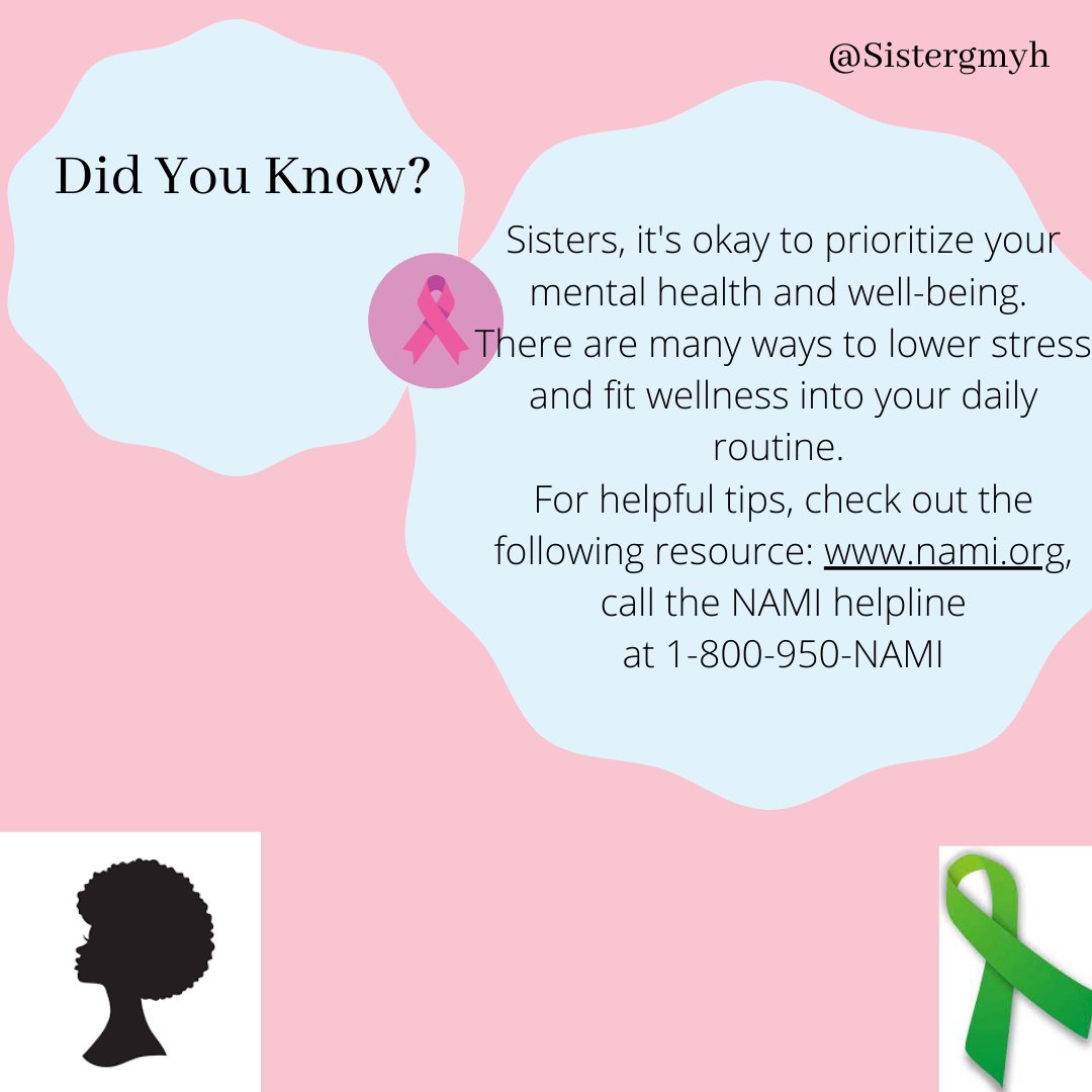 Sisters, it is okay to prioritize your mental health and well being. For resources and helpful tips that will help you to lower stress, check out nami.org!

#sgmyh
#blackwomenshealth
#camden
#breastcancer
#minorityhealth
#healthylifestyle