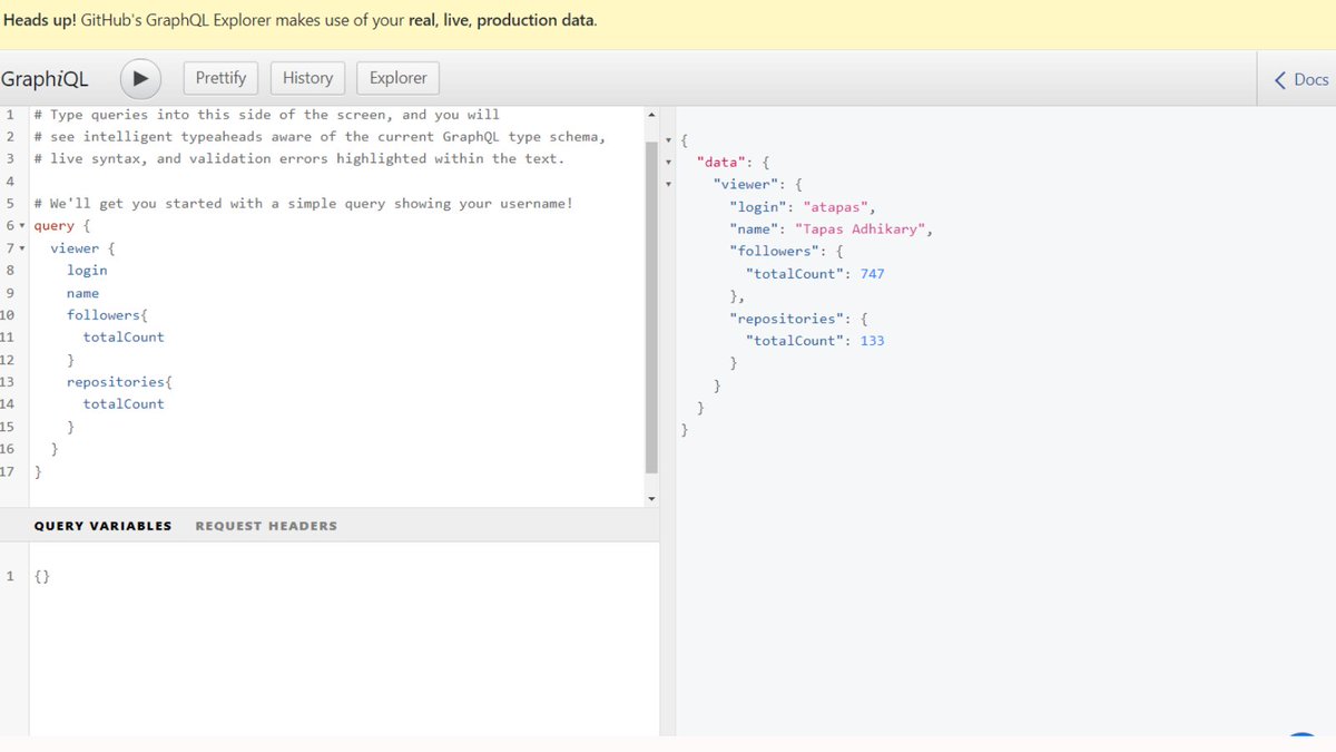 tapasadhikary's tweet image. Learned something mind-blowing last night ⚡⚡⚡

GitHub has got GraphQL APIs alongside the REST APIs. Found it at the right time as wanted to fetch the repository id, discussion id metadata 👀.

There is even an explorer where you can try out queries, 🔗 is in the next comment.