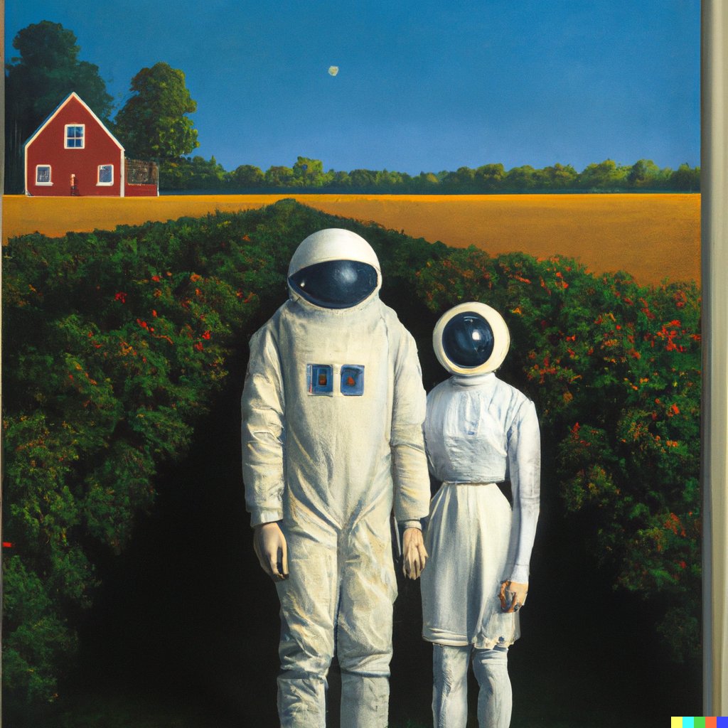 diexmx's tweet image. Ok, the countdown begins now! #dalle #Top10 #ArtificialIntelligence 

Honorable mention (wife&apos;s choice):

prompt: &quot;a painting by Grant Wood of an astronaut couple, american gothic style&quot;

@stephlunam