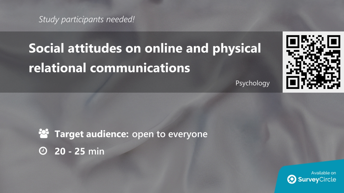 daily_research's tweet photo. Participants needed for online survey!

Topic: "Social attitudes on online and physical relational communications" https://t.co/TlzE5ubbFH via @SurveyCircle

#stalking #RelationalCommunications #scenarios #SocialPerceptions #comms #survey #surveycircle https://t.co/P2MJpGVBWT