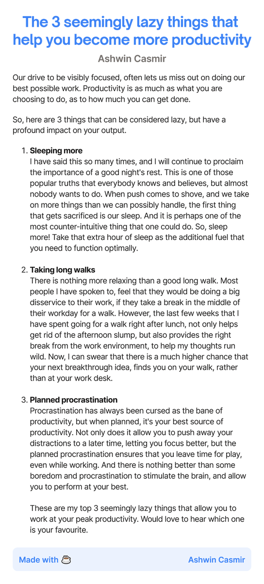 ashcasmir's tweet photo. Our drive to be visibly focused, often lets us miss out on doing our best possible work. Productivity is as much as what you are choosing to do, as to how much you can get done.

So, here are 3 things that can be considered lazy, but have a profound impact on your output. https://t.co/gPJS17UH10