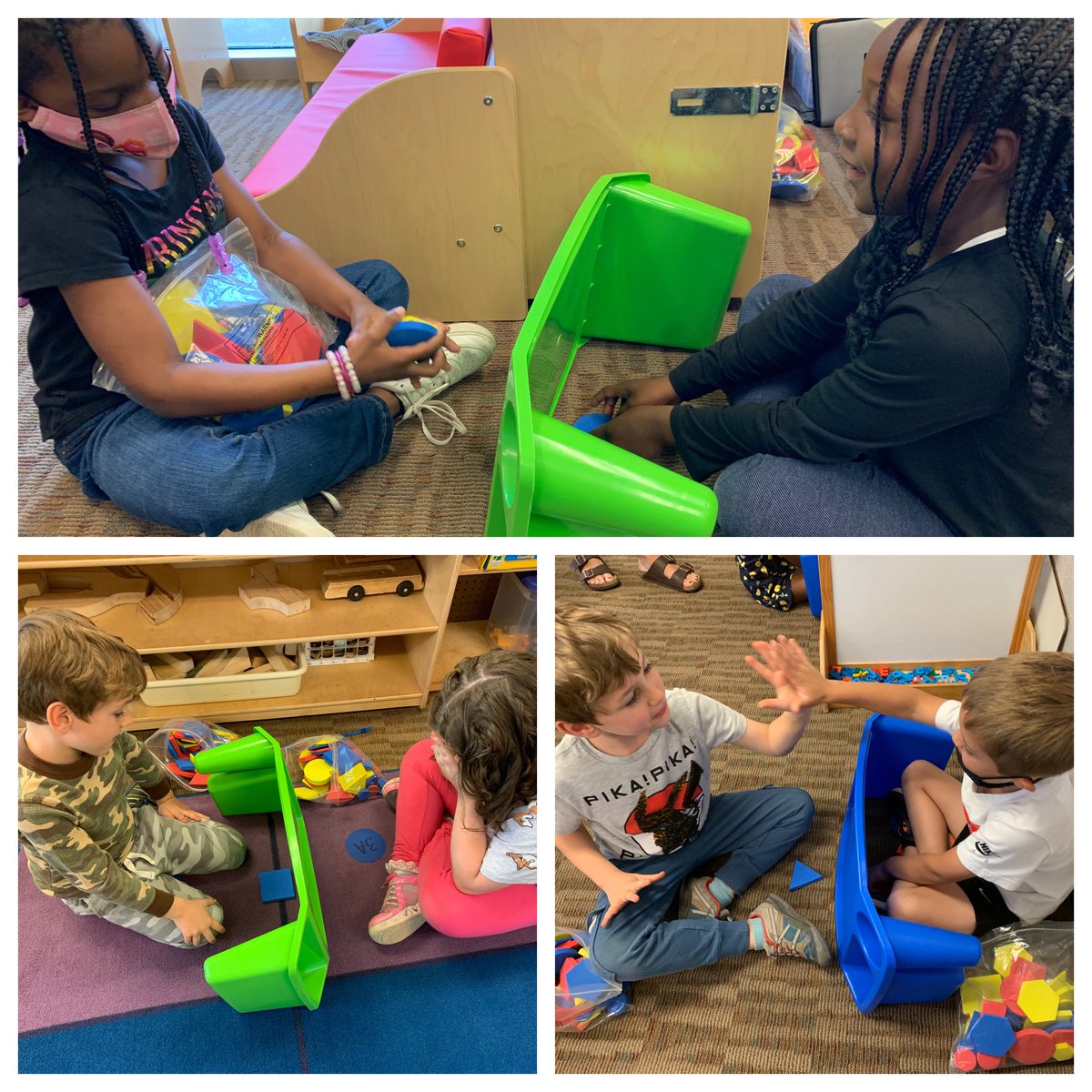 LESKakaras's tweet photo. Students have been playing #MatchMine with 2D shapes- describing attributes of a hidden shape to a partner who has to match that shape. High fives all around! @LeaphartElem #Kindergarten #CooperativeLearning @KaganOnline https://t.co/t7Eckg3M84
