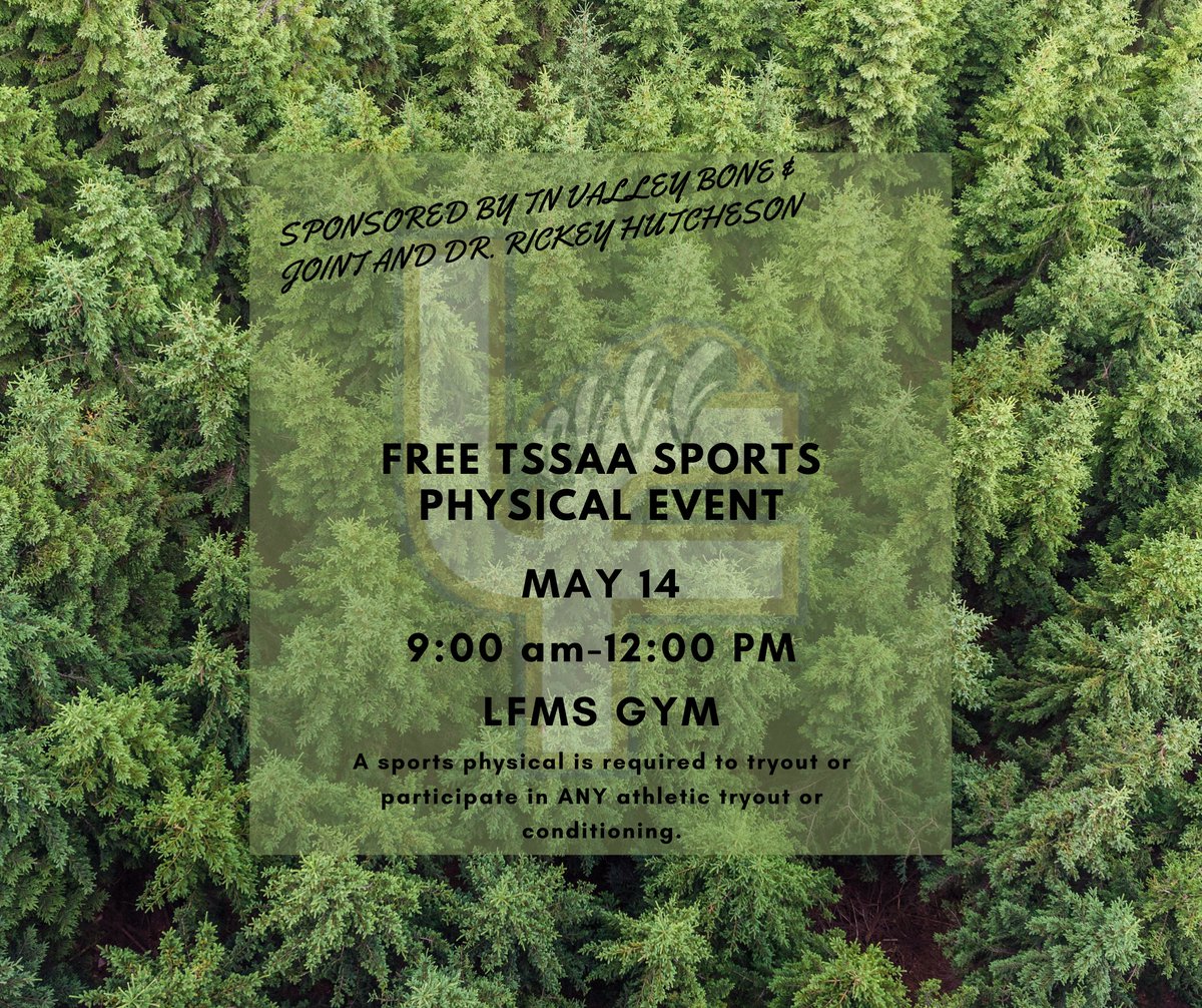 It's that time again @blackfoxkim <a href="/Taylor_Tigers/">Taylor Elementary</a> <a href="/oakgrovefalcons/">Oak Grove Elementary</a> <a href="/WCES_Cherokees/">WCES_Cherokees</a> <a href="/ValleyViewCubs/">Valley View Elementary</a> <a href="/prospectvikings/">Prospect Elementary</a> <a href="/ParkView_Knight/">Park View Elementary</a> FREE Sports Physicals May 14 912 in the LFMS Gym #ForestFamily #BetterThanEver #ChampionCulture SPREAD THE WORD!