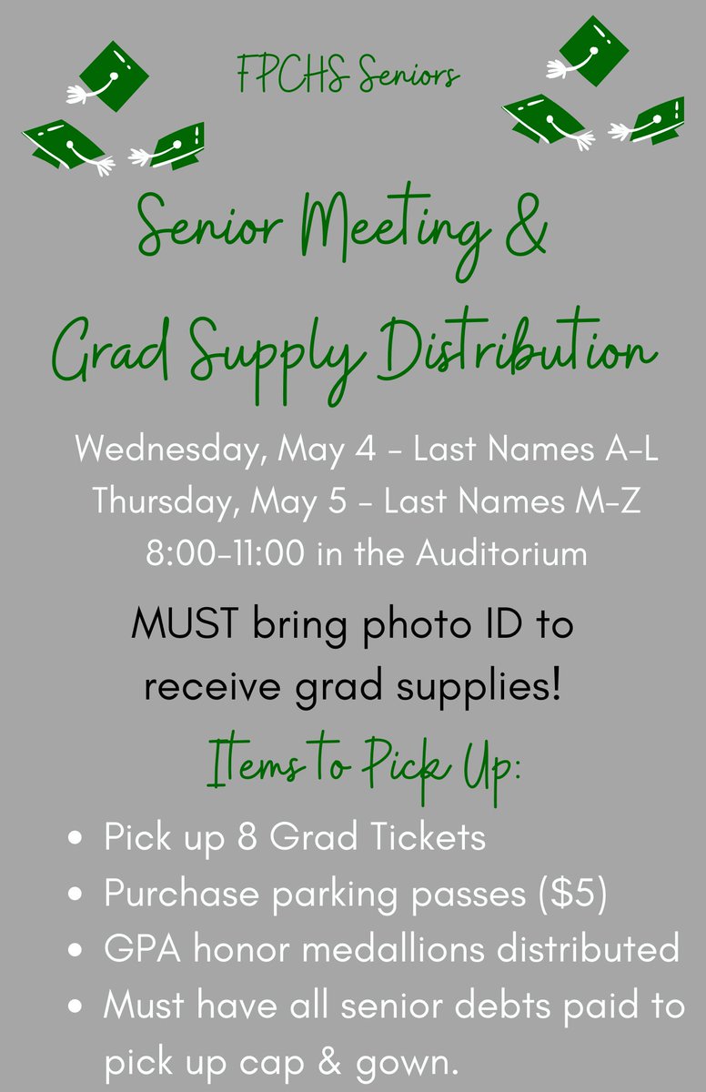 EvanaFretterd's tweet photo. Class of 2022 @FPCHS Senior meetings on May 4th and May5th. https://t.co/t8RS3o8hEu
