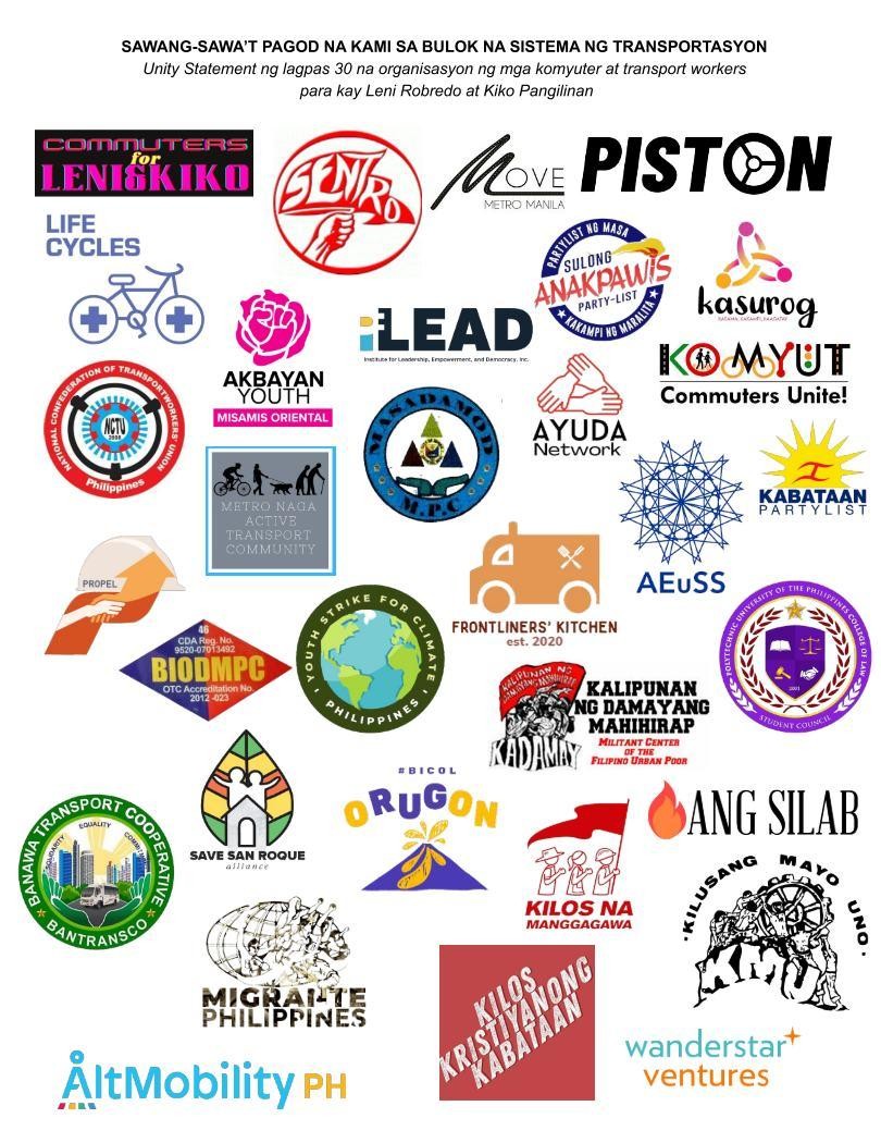 JUST IN: Over 30 commuter, transport groups issued a "unity statement" supporting the tandem of VP Leni Robredo and Sen. Kiko Pangilinan for the May 9 election.

"Ito ang totoong unity: pagkakaisa na hindi pulitiko ang sentro kundi ordinaryong mga mamamayan." | <a href="/dempseyreyesINQ/">Dempsey Reyes</a>