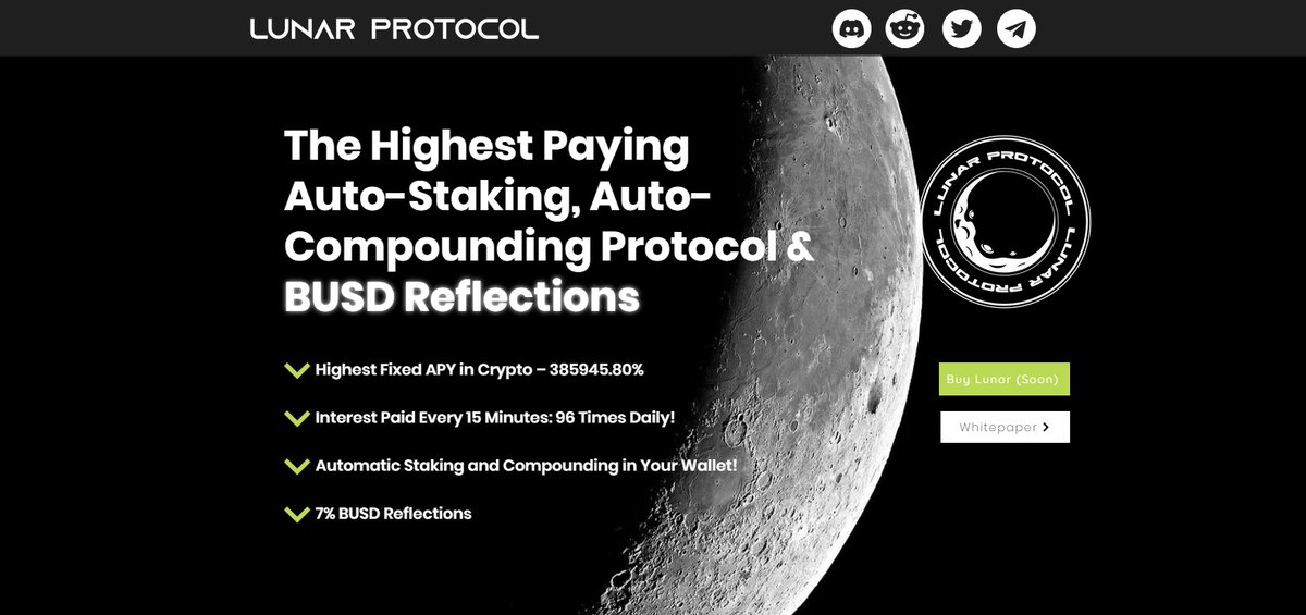 𝐍𝐞𝐰 𝐔𝐩𝐜𝐨𝐦𝐢𝐧𝐠 - #LunarProtocol🌙

🌘 Fixed APY – 385945.80%
🌘 Interest Paid Every 15 Minutes: 96 Times Daily!
🌘 Automatic Staking and Compounding in Your Wallet!
🌘 Team is Audited and KYC'd

lunarprotocol.com