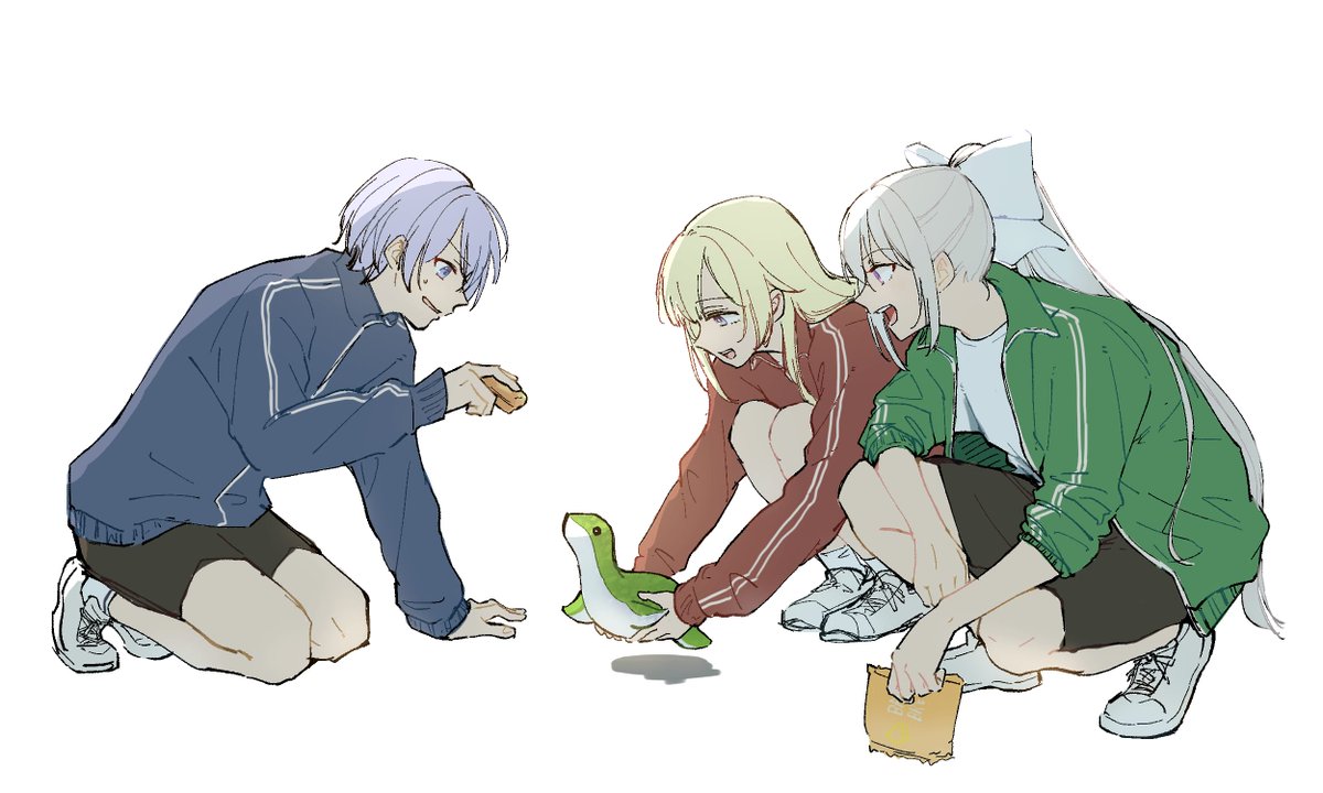 higuchi kaede multiple girls squatting jacket shorts black shorts blonde hair shoes  illustration images