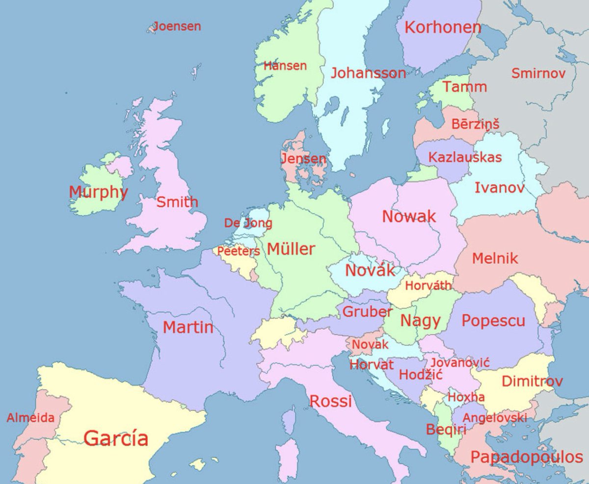 GodGeography's tweet photo. Map of the Most Common Surnames in Europe https://t.co/t4OyTZqakA