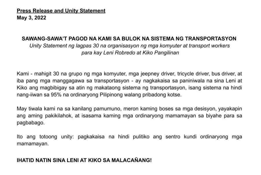 dumidyeypee's tweet image. More than 30 transport and commuter groups issue a Unity Statement supporting VP @lenirobredo and Sen. @kikopangilinan this May 9! 

"Ito ang totoong unity: pagkakaisa na hindi pulitiko ang sentro kundi ordinaryong mga mamamayan."

#IpanaloNa10ParaSaLahat
#LeniKiko2022