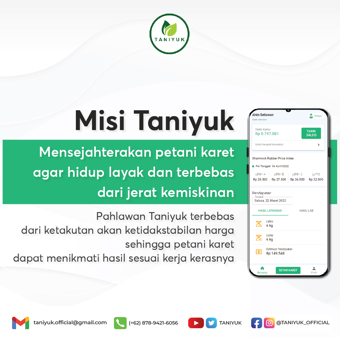 taniyuk's tweet photo. TaniYuk hadir untuk menjadi solusi bagi pahlawan karet untuk menjual hasil produksi karet dengan harga yang stabil dan transparan dengan menggunakan SHRI. Taniyuk memberikan rasa aman dan nyaman bagi pahlawan karet.

TANIYUK, BUKTIKAN!
#taniyuk #taniyukforreal #taniyukbuktikan https://t.co/tinP1fbckV