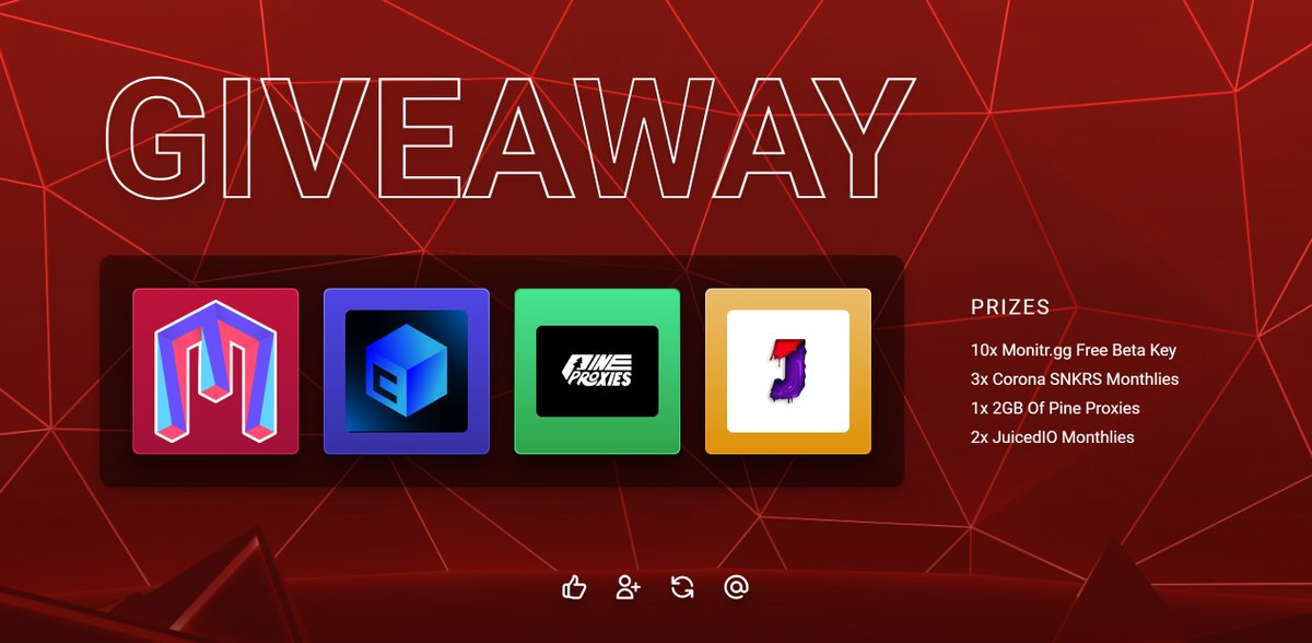 📣Massive Giveaway📣 Prizes: 10x @Monitrgg Free Beta Keys 3x @CoronaSnkrs Monthlies 1x 2GB @PineProxies Resi Data 2x @JuicedIO Monthlies How to enter: 1. Follow all accounts above👆 2. Like ♥️ and Retweet♻️ 3. Tag 2 friends in the comments👀 Giveaway ends in 72 hours.