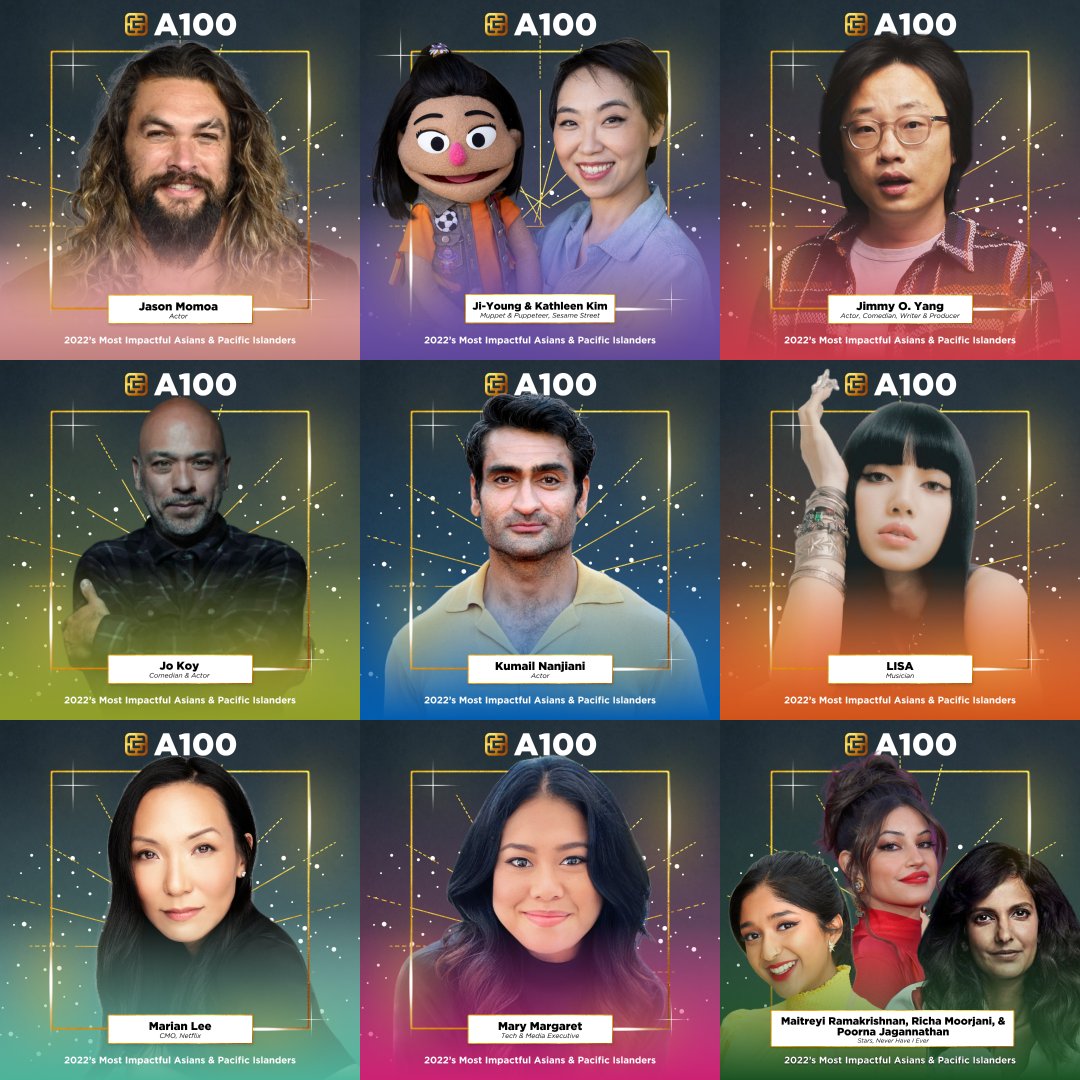 A grid featuring headshots of Jason Momoa, Ji-Young & Kathleen Kim, Jimmy O. Yang, Jo Koy, Kumail Nanjiani, LISA, Marian Lee | CMO, Mary Margaret, Maitreyi Ramakrishnan, Richa Moorjani & Poorna Jagannathan with sparkles, a sunburst, gold gradient in the background and the Gold House A100 logo at the top.
