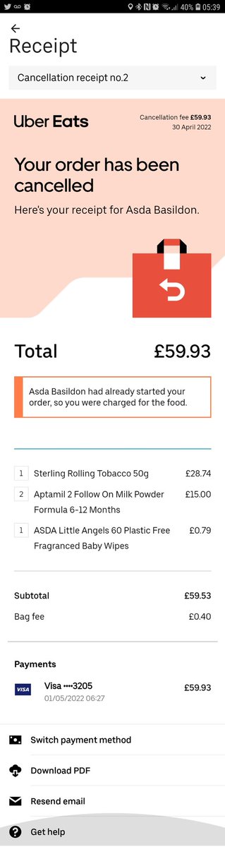 Hi <a href="/UberEats/">Uber Eats</a> rep. Can you explain why I can't get a refund on my cancelled order? It says because the "already started your order, so you was charged for the food" but its a tub of baby milk and pack of cigarettes. 
The items went back on the shelf. Nothing was prepared.