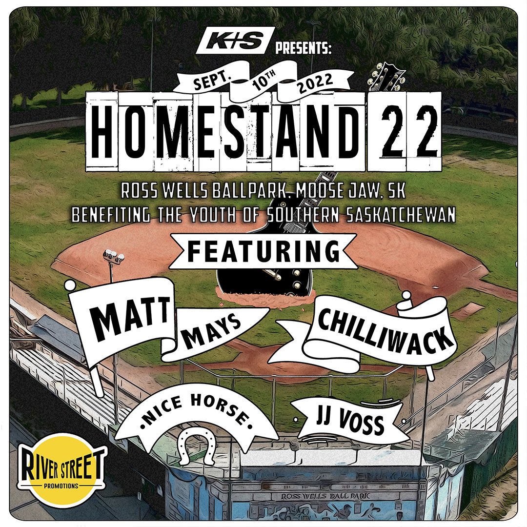 RiverStPromos's tweet image. Homestand22 is back this Sept 10th with @mattmaysmusic Chilliwack @nicehorsemusic and @jj_voss  Tickets at SaskTix.ca PLUS the screening of the BanjoBowl Game (Riders vs Bombers) prior to concert. All at Ross Wells Ballpark, all to benefit youth mental wellness.