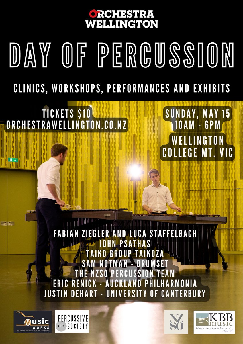 Calling all teachers/students/fans of percussion in Pōneke: we are hosting a DAY OF PERCUSSION. Come along for only $10! Exhibits, clinics, workshops, performances, panel discussions &amp; more. Sun 15 May 10am - 6pm. Featuring renowned percussionists from across Aotearoa &amp; Europe!