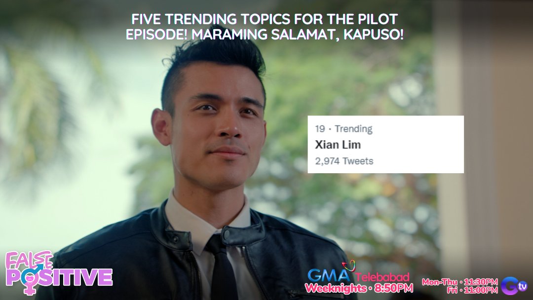 GMADrama's tweet photo. Not just one, not two, not three, BUT FIVE topics at hashtag ang nag-trending sa World Premiere ng #FalsePositive kagabi! 🤩

Maraming salamat po, mga Kapuso! 💖 @glaizaredux @XianLimm https://t.co/jzW0pP5qJU